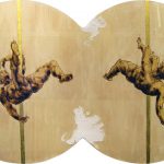 the acrobats - encaustic on wood, acrylics, gold leaf 24k. 76x43,5x2 cm
